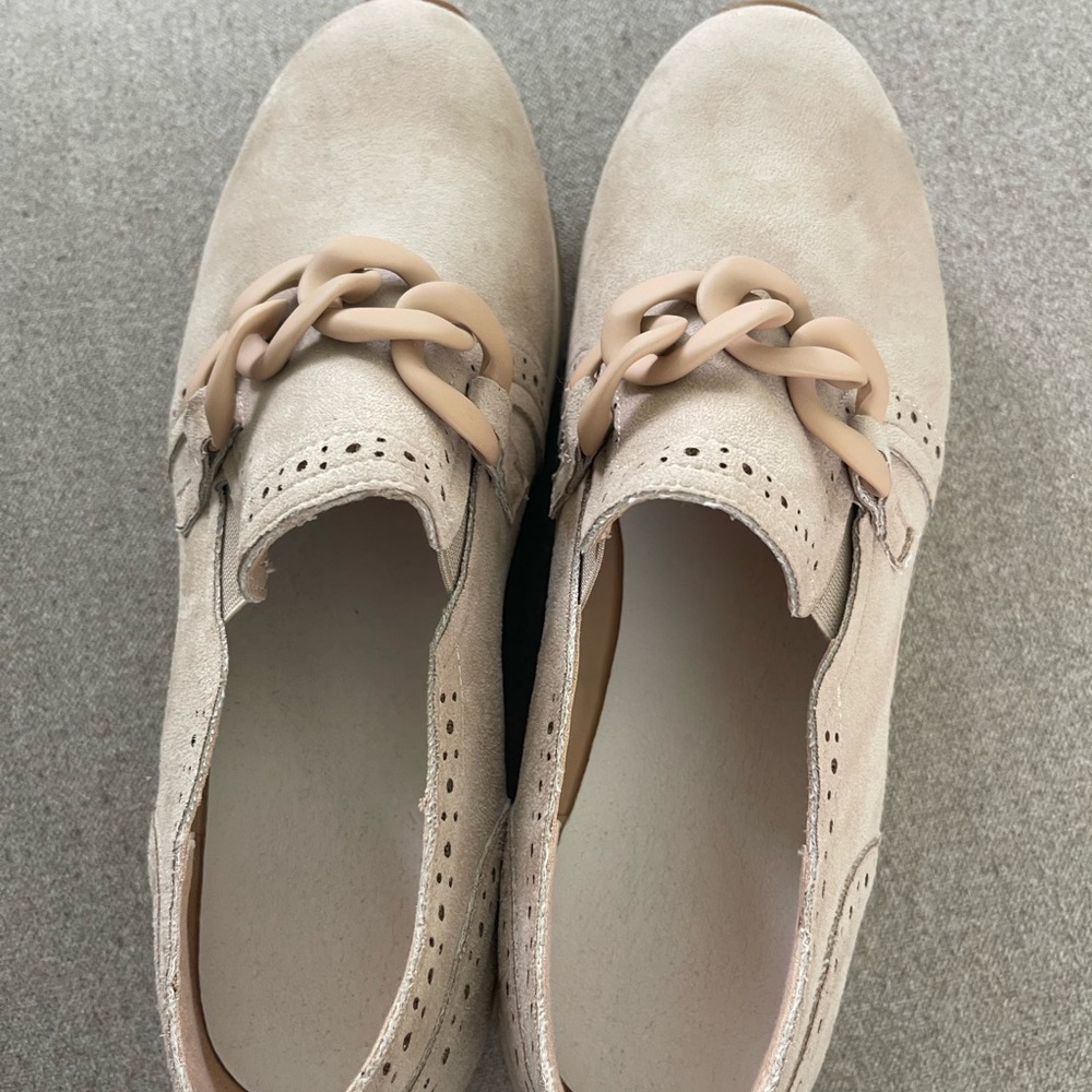 Women’s Beige Suede Loafers with Decorative Chain